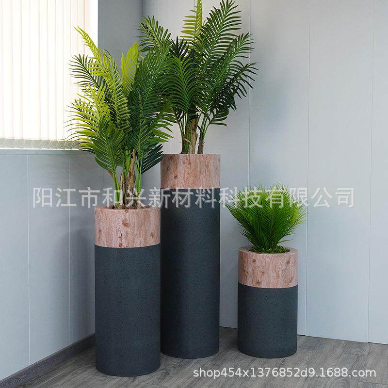 厂家木纹圆柱造型花瓶室内水泥盆栽大号玻璃钢花盆落地摆件定制