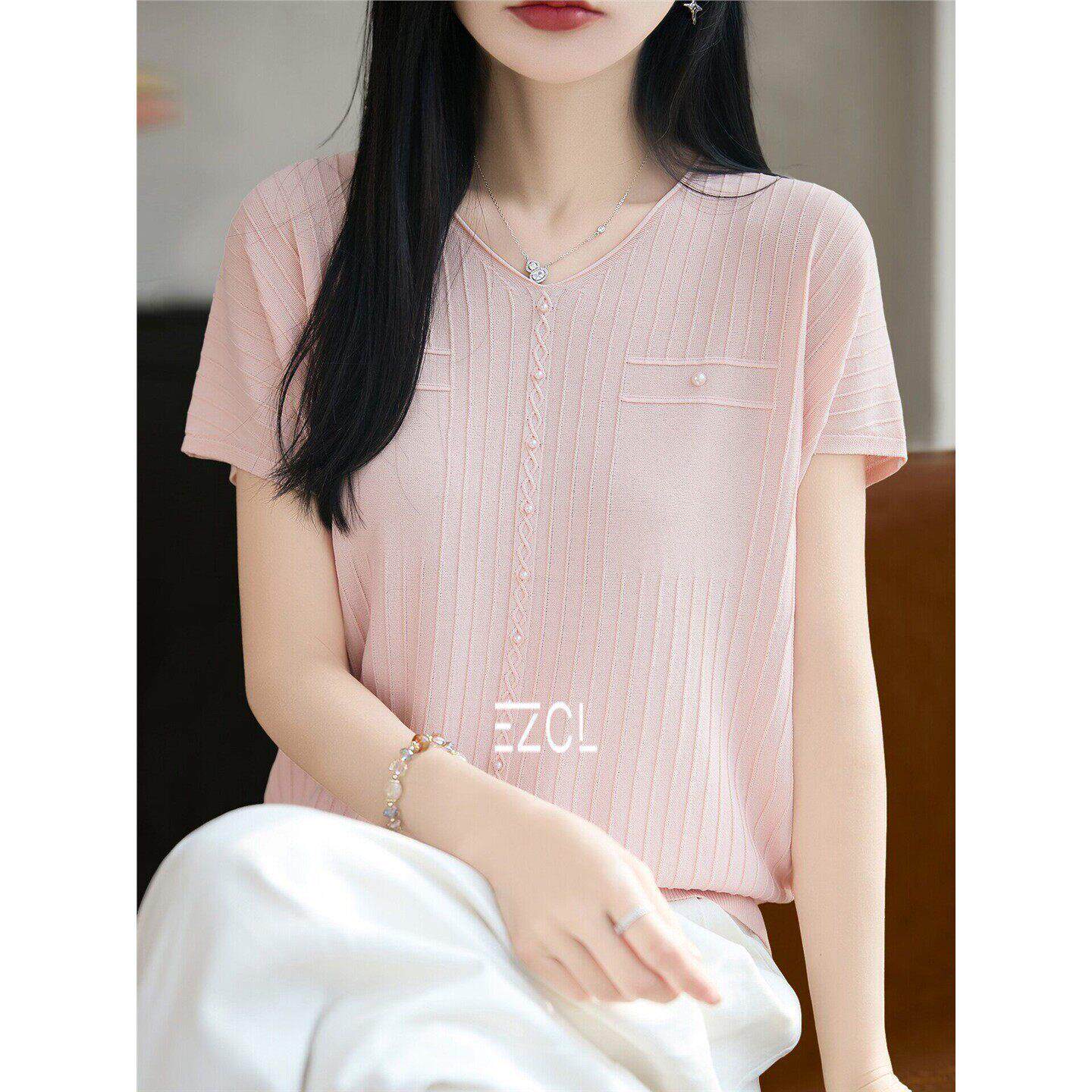 EZCL 2026新款V领钉珠针织短袖t恤女夏季薄款冰丝针织衫女装上衣