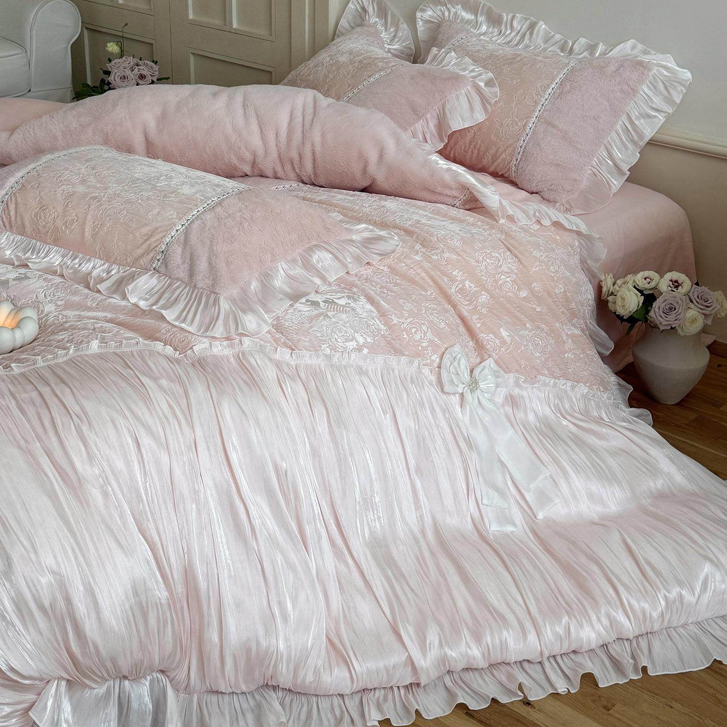 茜茜秋冬法式轻奢兔毛绒金丝绒提花加厚牛奶绒褶皱边四件套主卧,床上用品,床垫/床褥/床护垫/榻榻米床垫,淘宝优惠券,粉丝福利购,淘宝优惠卷