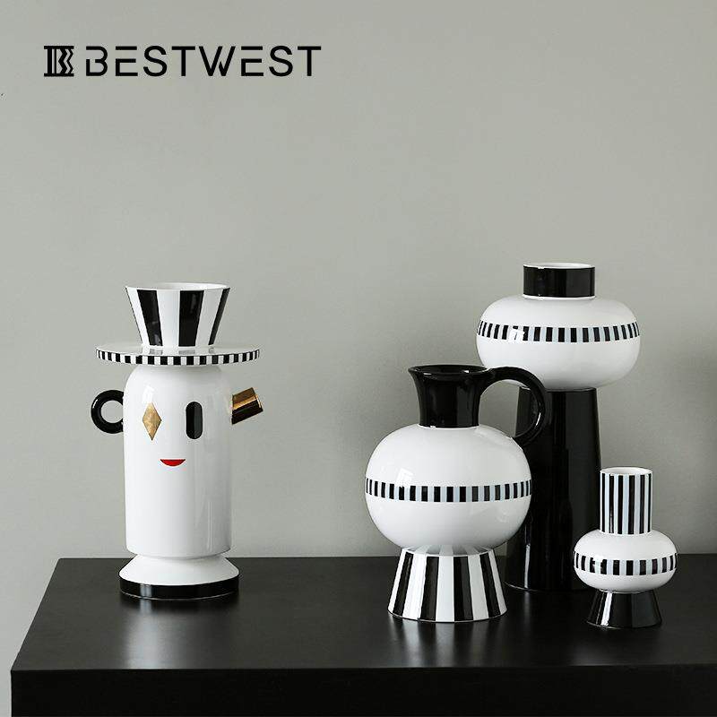 Bestwest美式条纹釉面陶瓷花瓶摆件家居客厅电视柜轻奢软装饰品