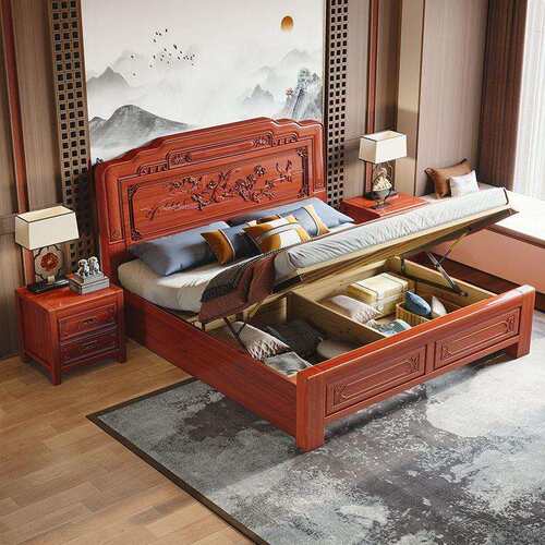花梨木榫卯实木床双人1.8中式古典雕花主卧大床1.5家用可储物