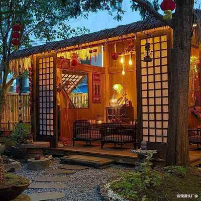 茅草网红小木屋别墅民宿农村庭院造景茶室农家乐户外防腐木木