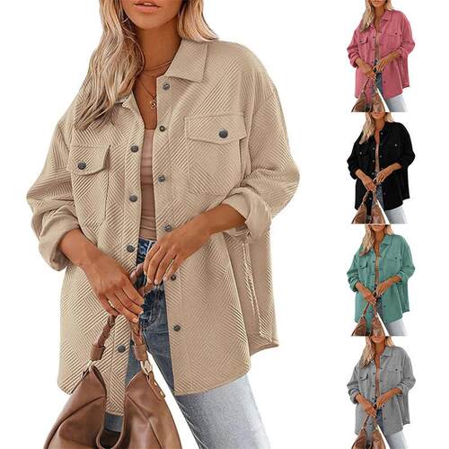 Women's button up long sleeved textured shirt jacket for