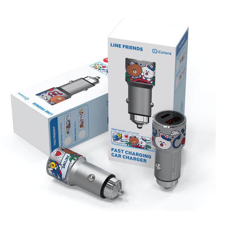 LINE FRIENDS布朗熊航海之星38W车载快充点烟器一拖二车充充电器