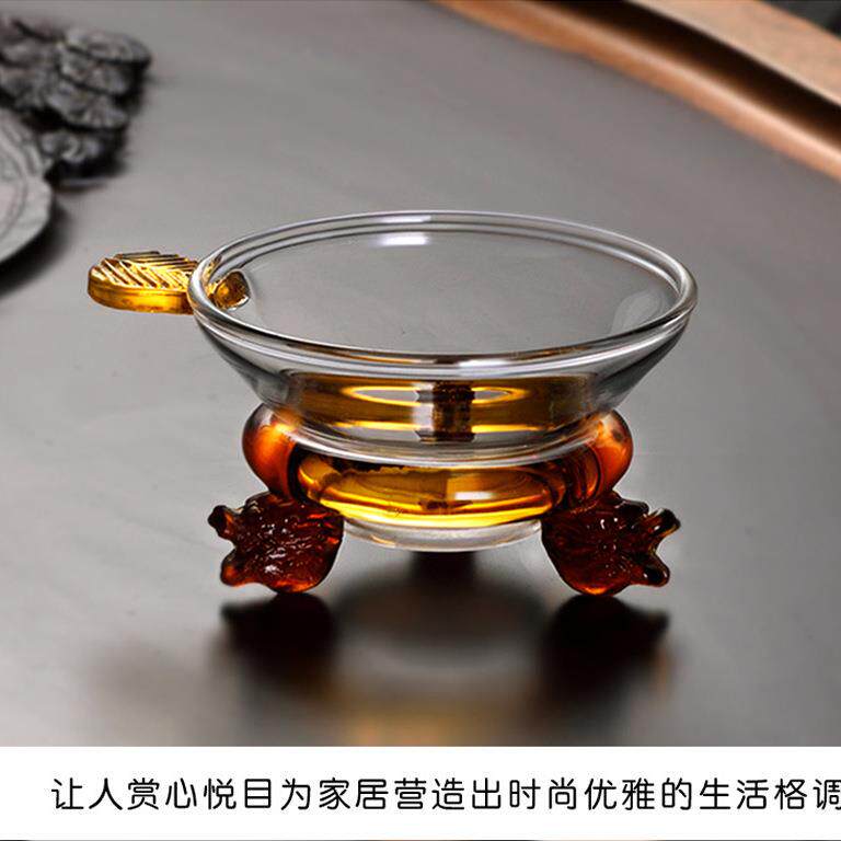 玻璃茶漏网布三足龙头高硼硅玻璃茶漏过滤器分茶器绿叶黄叶
