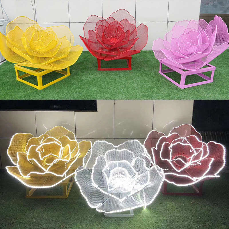 摆件雕塑小品大型园林景观玫瑰花镂空金属植物发光不锈钢仿真户外