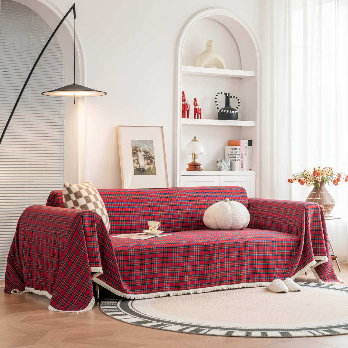 可机洗圣诞节日红色棉麻布沙发巾沙发垫盖布万能通用格子欧式,居家布艺,沙发套,淘宝优惠券,粉丝福利购,淘宝优惠卷