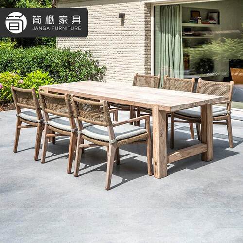 休闲别墅阳台实木餐桌椅户外柚木长桌套装防水防晒酒店民宿桌椅