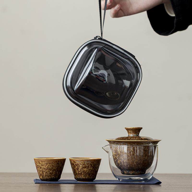 窑变结晶釉一壶二杯旅行茶具中式陶瓷三才盖碗便携式快客杯小套组
