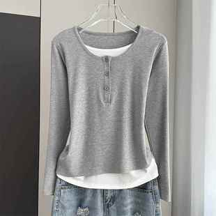 日本上衣设计感小众女长袖打底衫春秋新款拼色时尚显瘦百搭可外穿