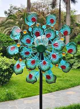 新款创意孔雀花铁艺风车双面可旋转户外花园别墅装饰金属插件