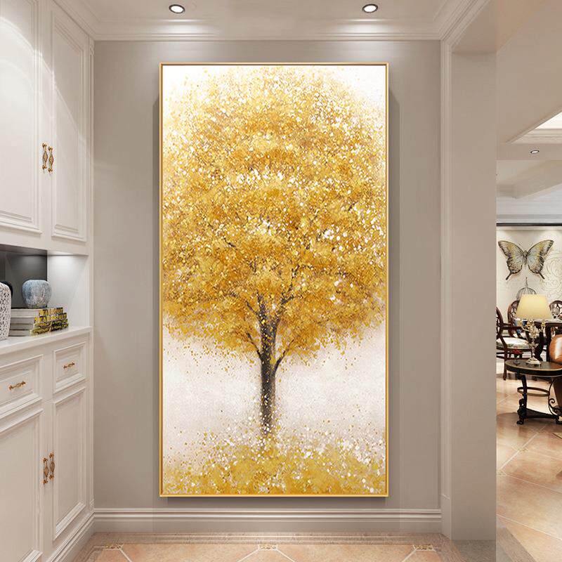 抽象手绘油画发财树玄关装饰画现代简约轻奢走廊过道立体金箔挂画