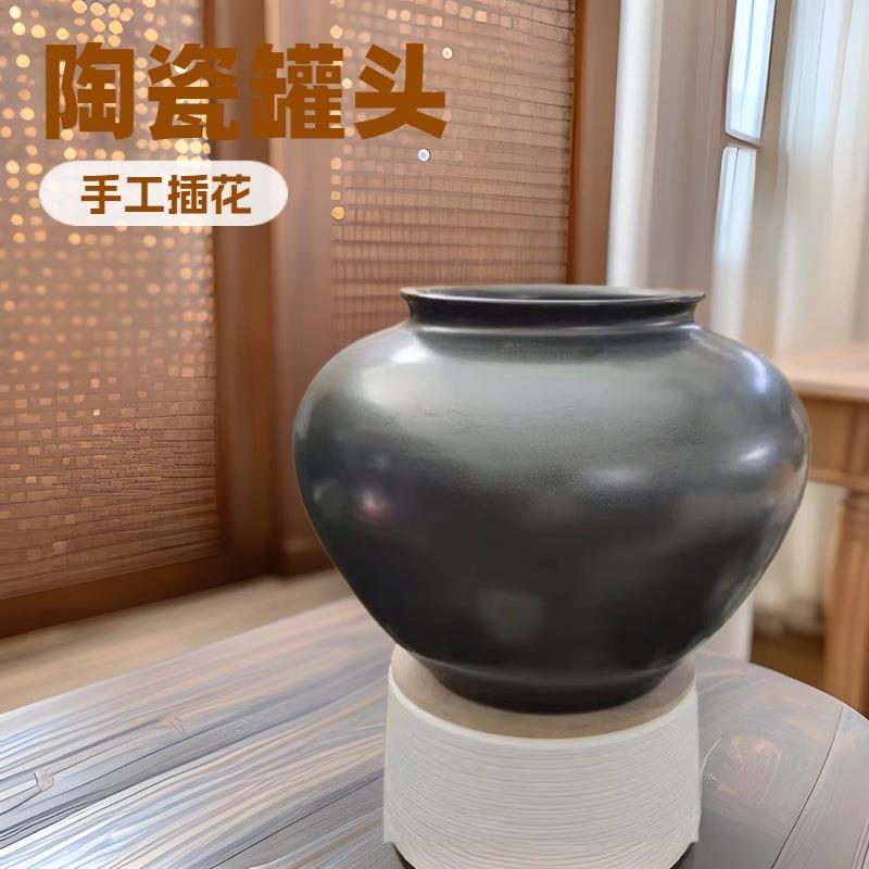 新中式黑色陶瓷缸酒店餐厅大圆桌插花器陶罐落地花瓶缸民宿软装饰
