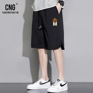 香港潮牌男短裤夏天薄款宽松五分裤黑色休闲运动中裤冰丝百搭裤子