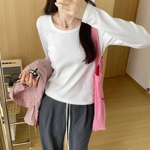 春夏U领长袖女螺纹打底衫百搭水滴领漏锁骨上衣白色T恤0316z