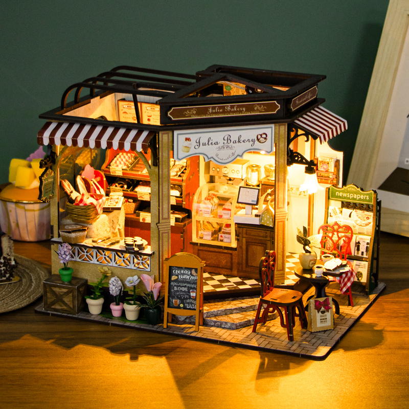 弘达diy小屋茱莉亚面包店木制拼装模型手工小房子玩具生日礼物