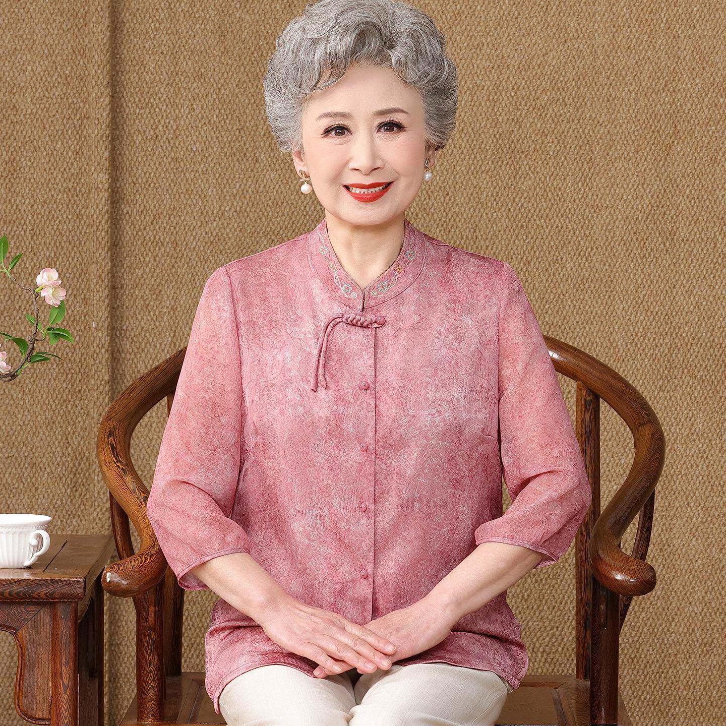 民族风中老年人衬衫女开衫夏装桑蚕丝100%奶奶刺绣真丝立领上衣薄