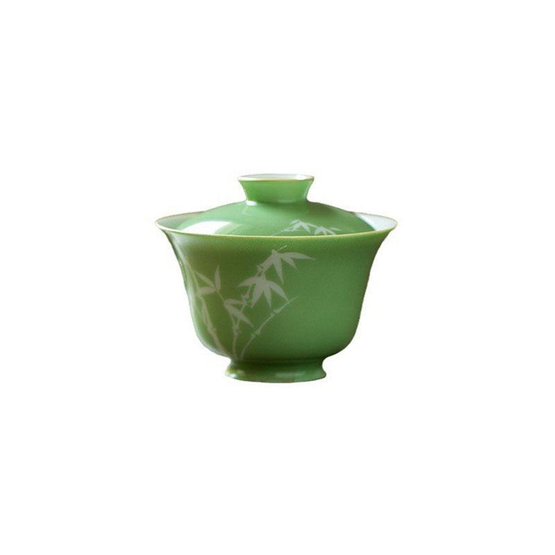 手绘刻画工艺竹子盖碗单个高档陶瓷泡茶碗家用小号功夫茶具