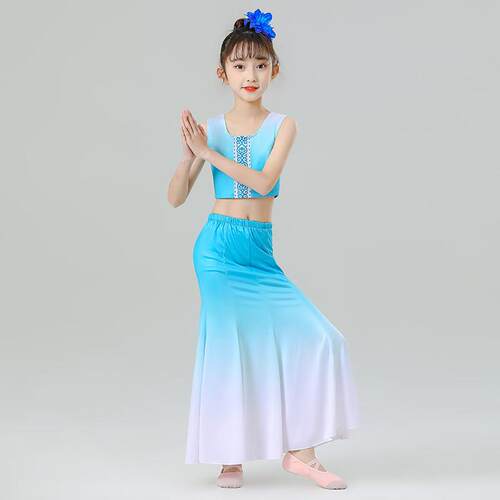高档儿童傣族舞蹈裙演民出女童孔雀舞鱼服尾裙包习臀大摆裙练裙少