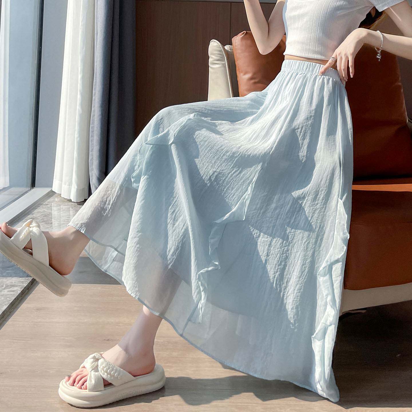 温柔蓝色木耳边棉麻半身裙女夏季垂感伞裙高腰A字小个子大摆长裙