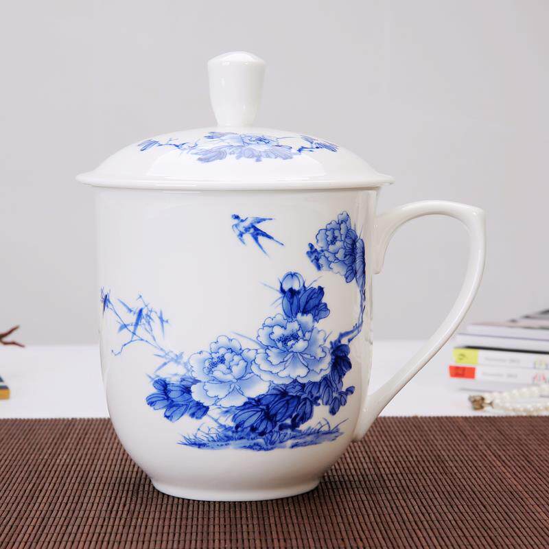 景德镇陶瓷带盖茶杯骨质瓷茶杯大号水杯子茶杯定制办公杯会议杯
