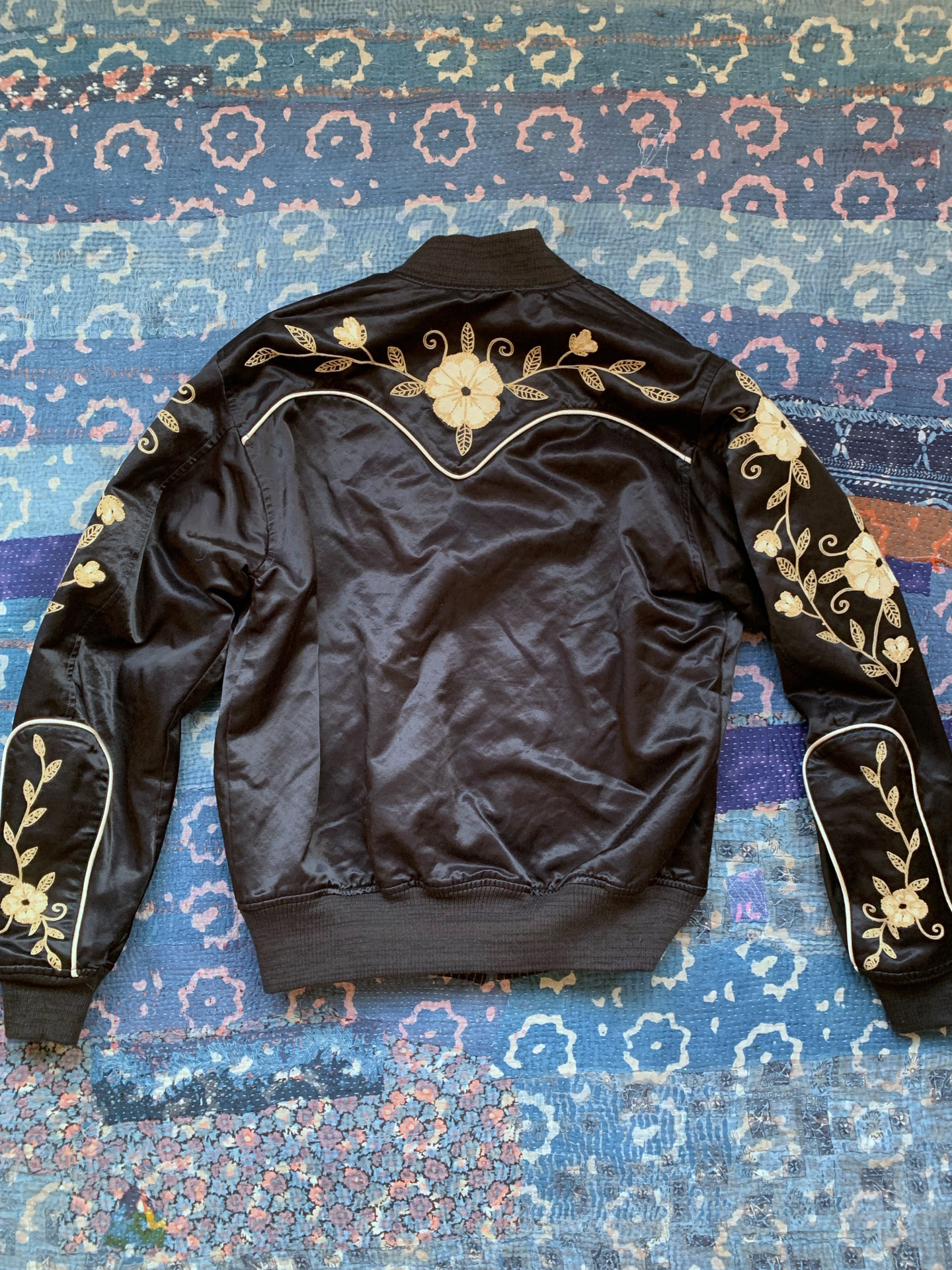 RRL Black Floral Embroidery Baseball Jacket — front
