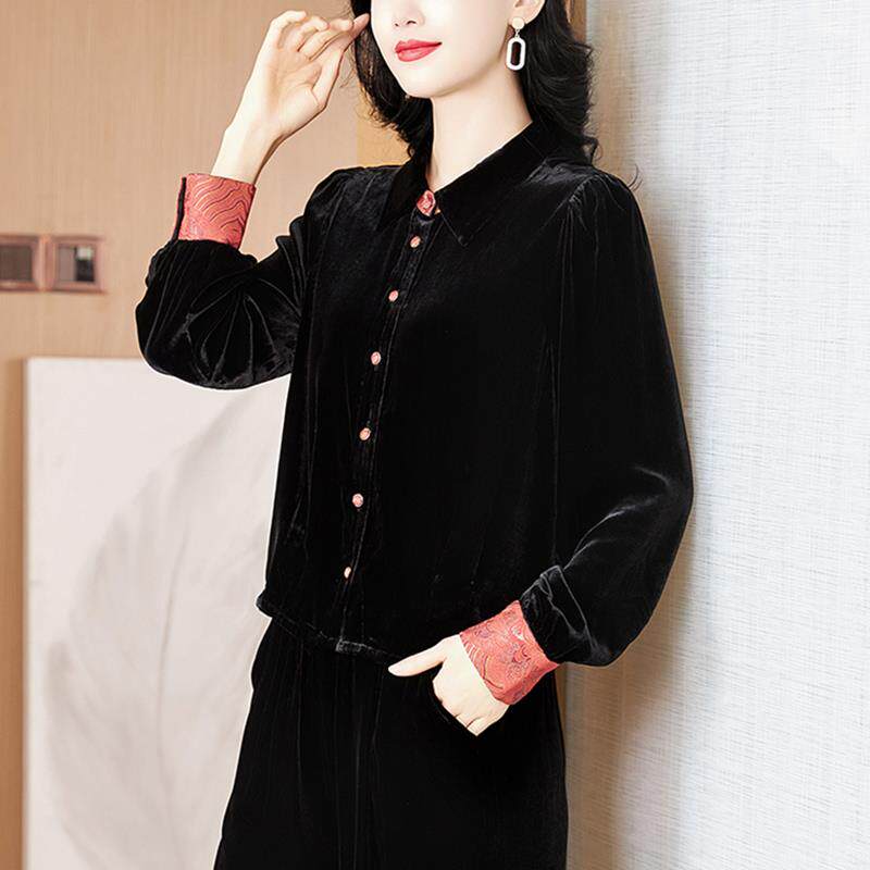BLLOUKE新中式国风黑色金丝绒外套女秋冬季2024新款妈妈女士短款