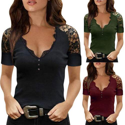 Women's deep lace collar lace short sleeved T-shirt top