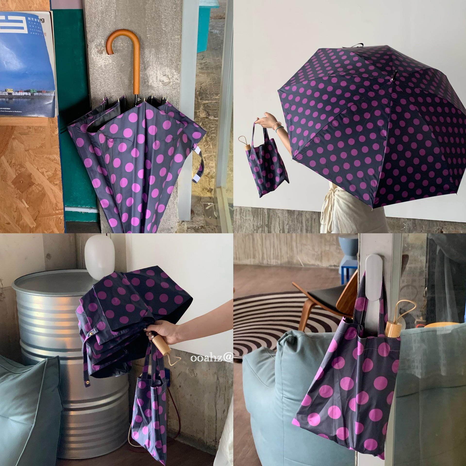 紫苏话梅~升级手提袋！自制韩系波点黑胶晴雨伞拍照好看长柄雨伞