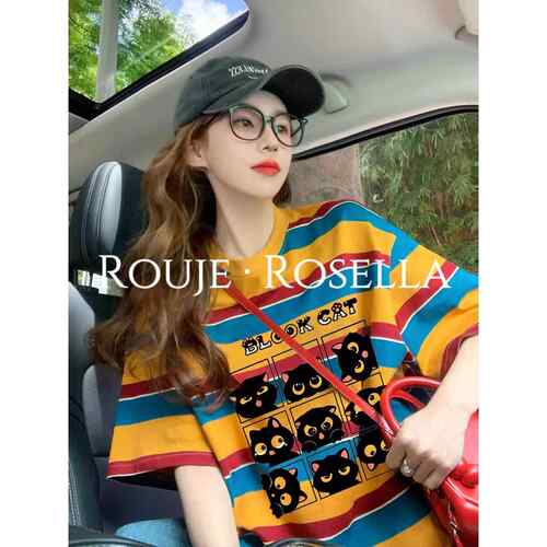 法国Rouje Rosella⭐覆古条纹短袖T恤女撞色设计小众卡通印花上衣