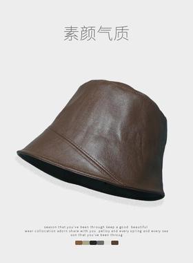 小众设计感水桶帽女pu皮日式复古百搭黑色夫帽秋冬高级皮质帽子