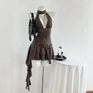 Elegant Summer Halter V-Neck Plain Slimming Ruffle Dress for