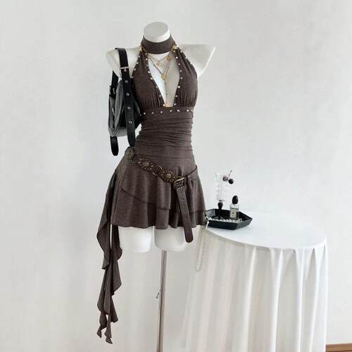 Elegant Summer Halter V-Neck Plain Slimming Ruffle Dress for