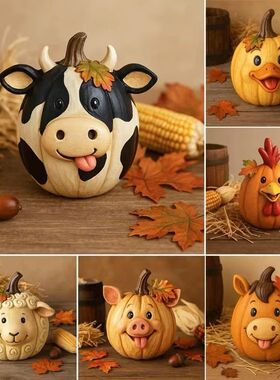 跨境新品 FarmPumpkinOrnaments 农场动物南瓜树脂摆件雕像装饰品