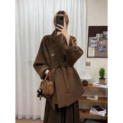 立领短款双面呢羊绒大衣女2025冬季新款韩系棕色小个子羊毛呢外套