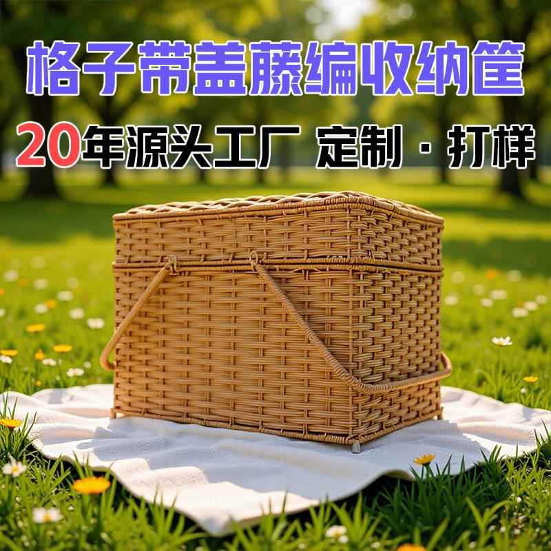 拜拜篮户外露营仿藤编菜篮子手提篮 双层编织格子带盖藤编收纳筐