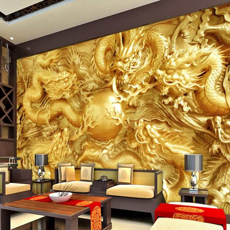 金色龙纹木雕壁画酒店客厅电视背景墙壁纸3D浮雕立体大气佛堂墙布