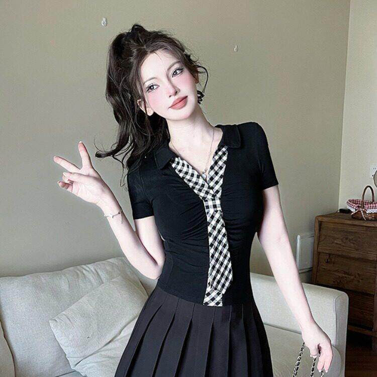 夏季新款设计感拼接领带假两件甜辣短袖恤女修身短款百搭上衣潮