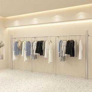 服装店展示架落地式不锈钢银色上墙挂衣杆女装店货架陈列道具架子