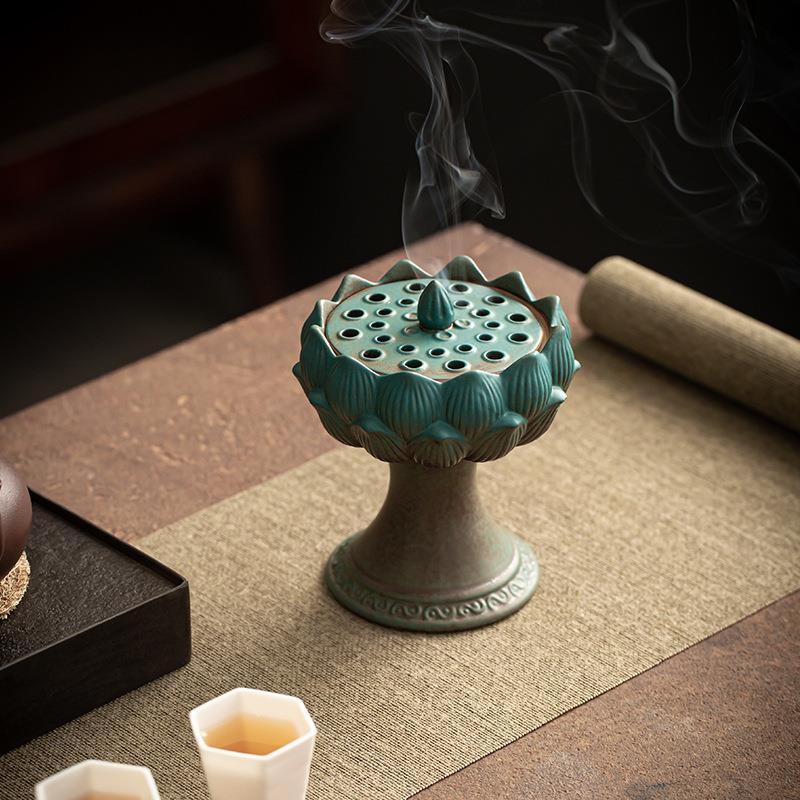 陶瓷窑变宝莲灯香薰炉仿古家用盘香炉茶道薰香创意莲花摆件工艺品