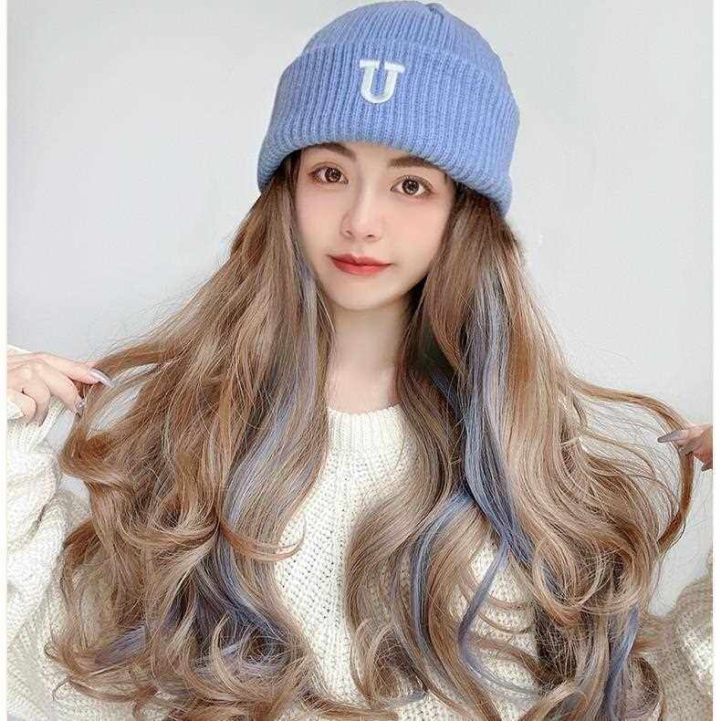 新款直销帽子假发女2023秋冬新款针织帽假发挑染长卷发现货假发帽