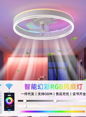 跨境新款RGB幻彩吸顶风扇灯遥控调光客厅卧室氛围灯中山风扇灯具