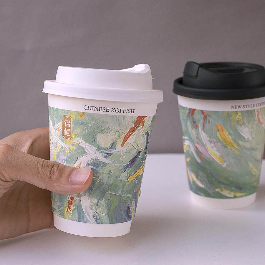 400ml双层中空加厚锦鲤油画纸杯一次性咖啡杯打包外带冷热饮杯