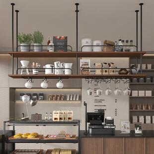 金属实木置物架吧台酒吧吊柜悬挂吊架酒架酒杯酒柜餐厅吊顶花架