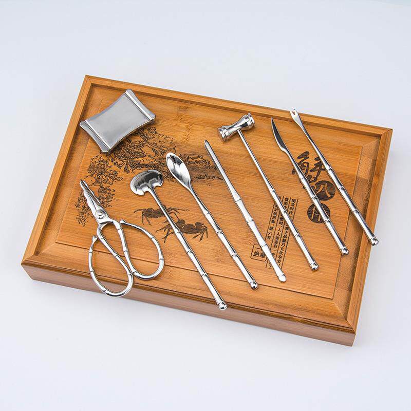 吃蟹工具八件套装蟹钳蟹剪蟹针蟹叉竹节扬州蟹八件不锈钢拆蟹专用