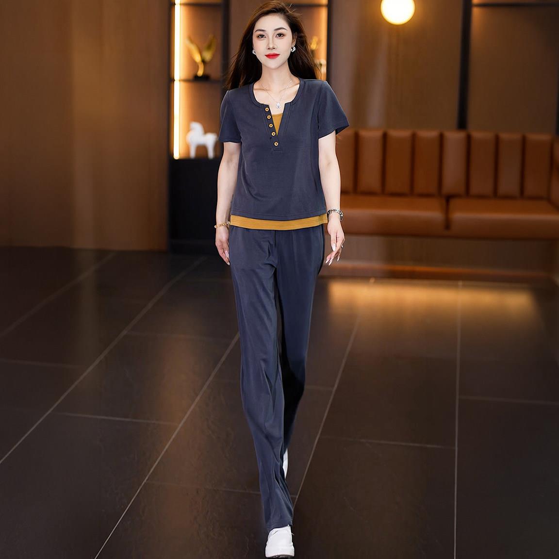 柔软舒适夏季休闲运动套装女2026时尚显瘦减龄圆领短袖长裤两件套