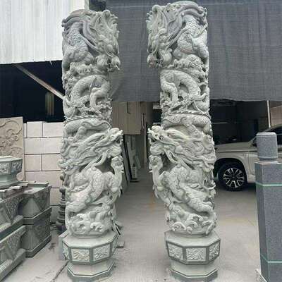 石雕盘龙柱景区广盘龙柱场中双式文雕化柱祠堂青石花岩龙刻景岗观