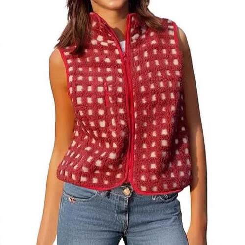 Womens Spring Checkered Sherpa Vest Sleeveless Fleece Jacket