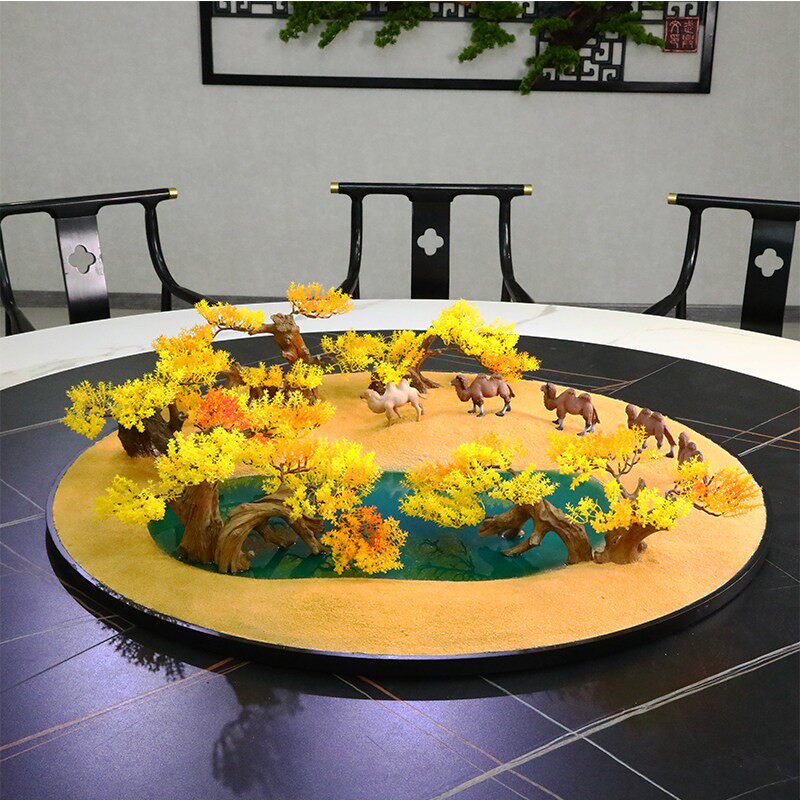 酒店大圆桌中间摆花沙漠造景胡杨林装饰沙盘创意骆驼桌景餐桌摆件