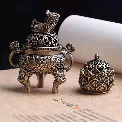 麒麟铜小香炉三足双耳香薰炉带盖子迷你貔貅镂花鼎手把玩圆炉